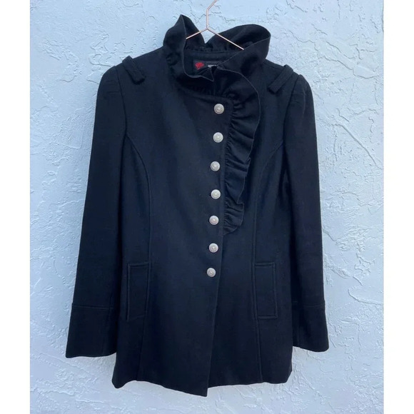 Versace Womens Long Sleeve Ruffle Collar Wool Peacoat Jacket Black Sz M - Picture 11 of 12